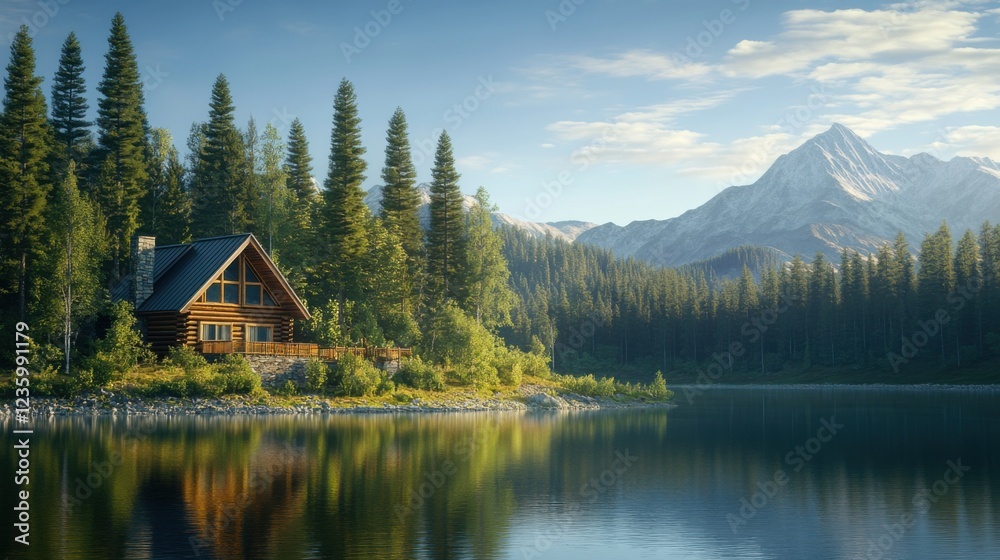 Tranquil Mountain Retreat with Cozy Log Cabin, Pine Trees, and Serene Lake Featuring a Peaceful and Scenic Getaway in Nature Ideal for Travel and Nature Retreat Content