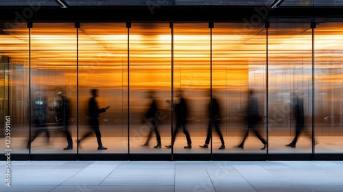 Blurred Silhouettes of Business People Walking in Modern City at Night