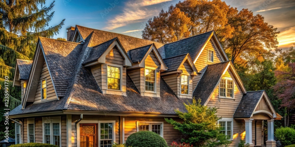 A charming suburban home with a shingled roof and dormer windows bathes in the golden glow of a late afternoon sunset.