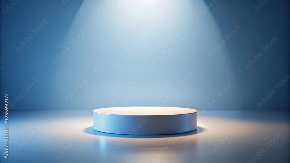 A minimalist white cylindrical podium bathed in warm light against a serene blue backdrop, ready for product display. A minimalist white cylindrical podium bathed in warm light against a serene blue backdrop, ready for product display.