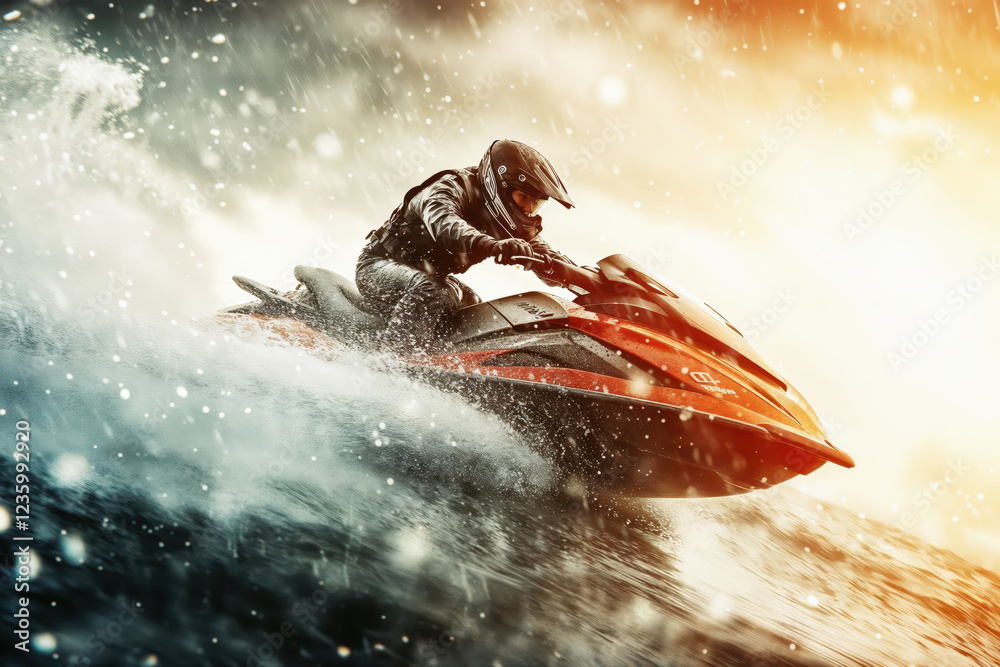 Fototapeta premium Pilot riding jet ski during storm with dramatic sky