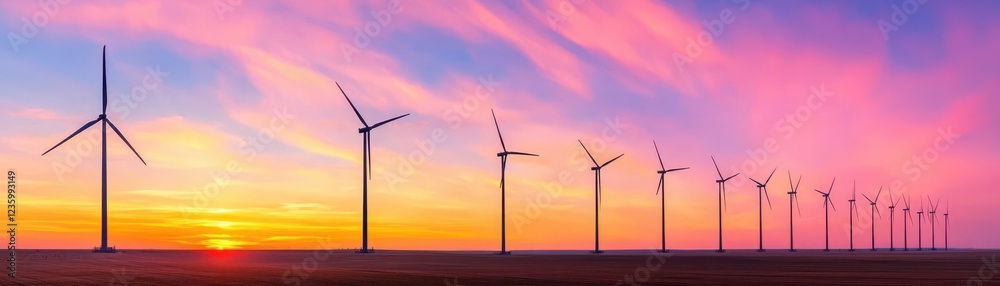 Fototapeta premium Breathtaking sunset with wind turbines silhouetted on horizon.