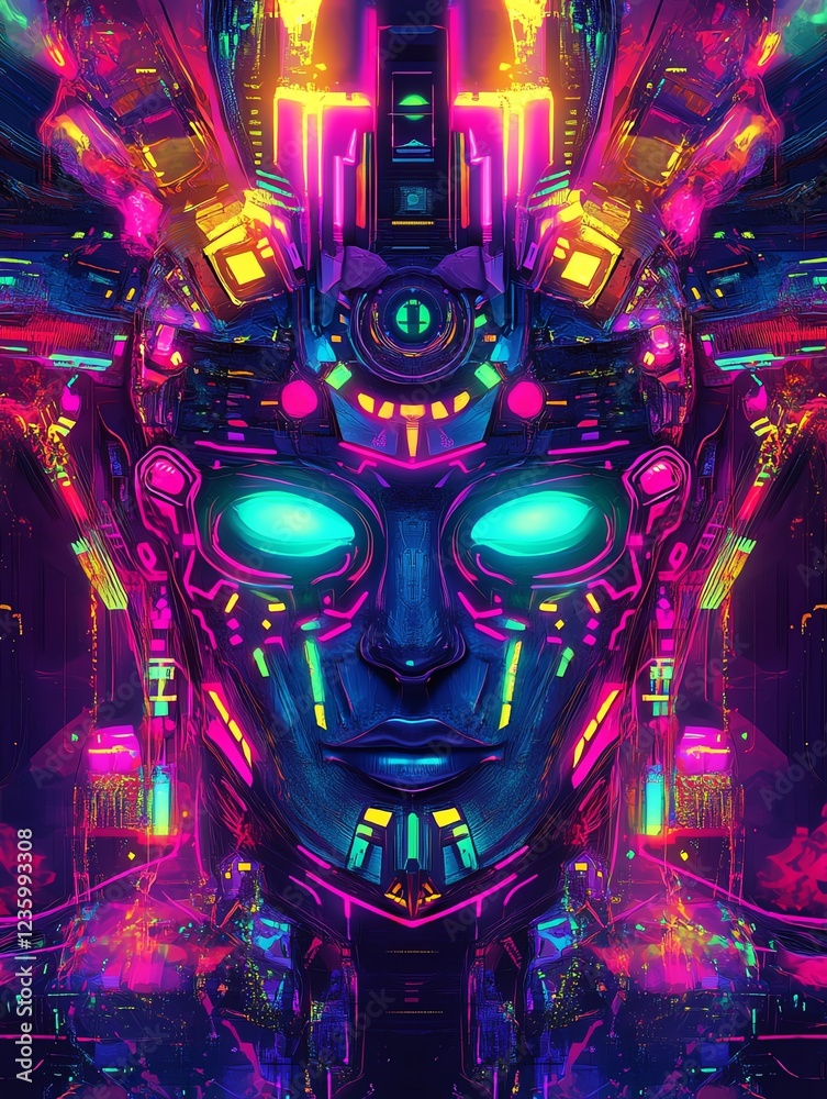 Fototapeta premium Futuristic robotic face with vibrant colors.