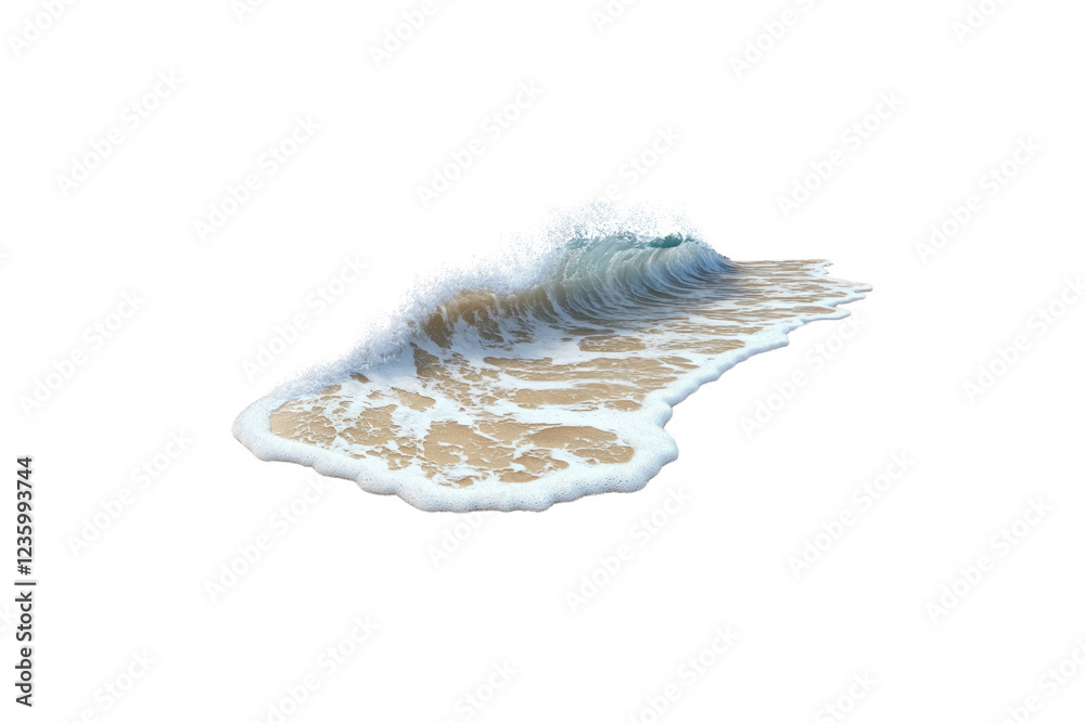 Obraz premium A serene ocean wave rolling onto a sandy beach with gentle foam, under a clear blue sky, highlighting the natural beauty of the coastline