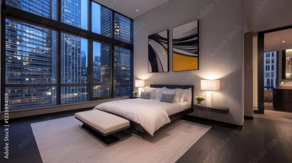Naklejka premium Contemporary Chicago apartment featuring a chic bedroom with large windows and city-inspired artwork