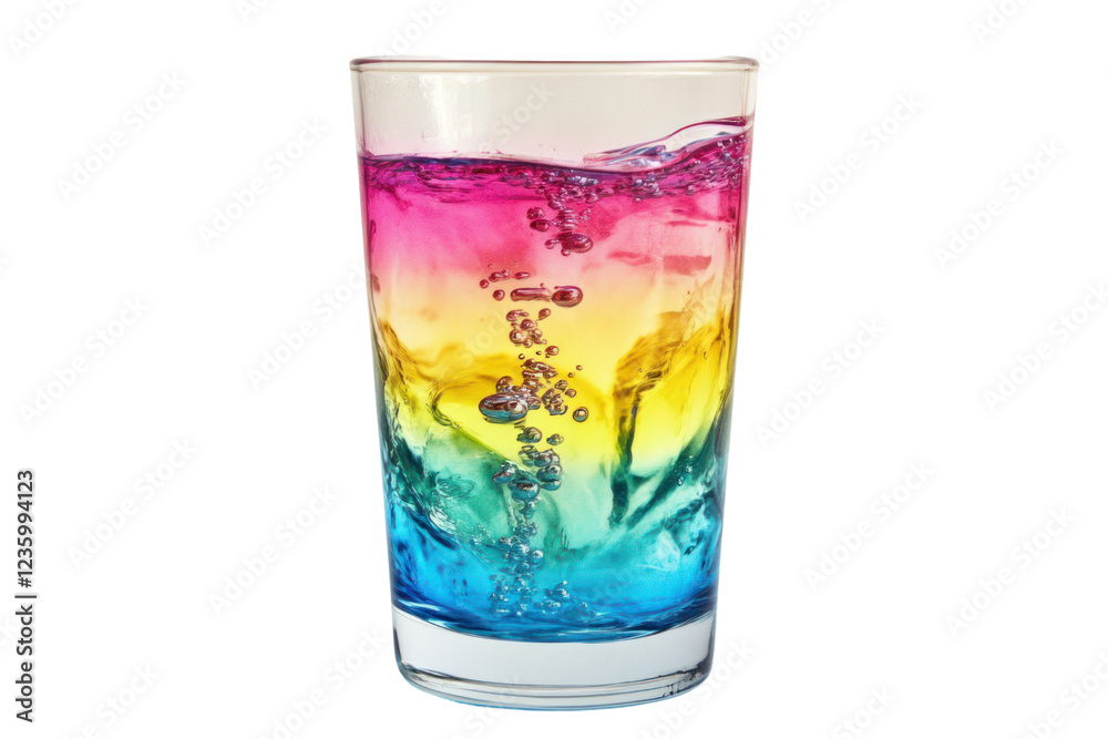 A simple, clear glass filled with vibrant, multi-colored water that forms a beautiful gradient from top to bottom
