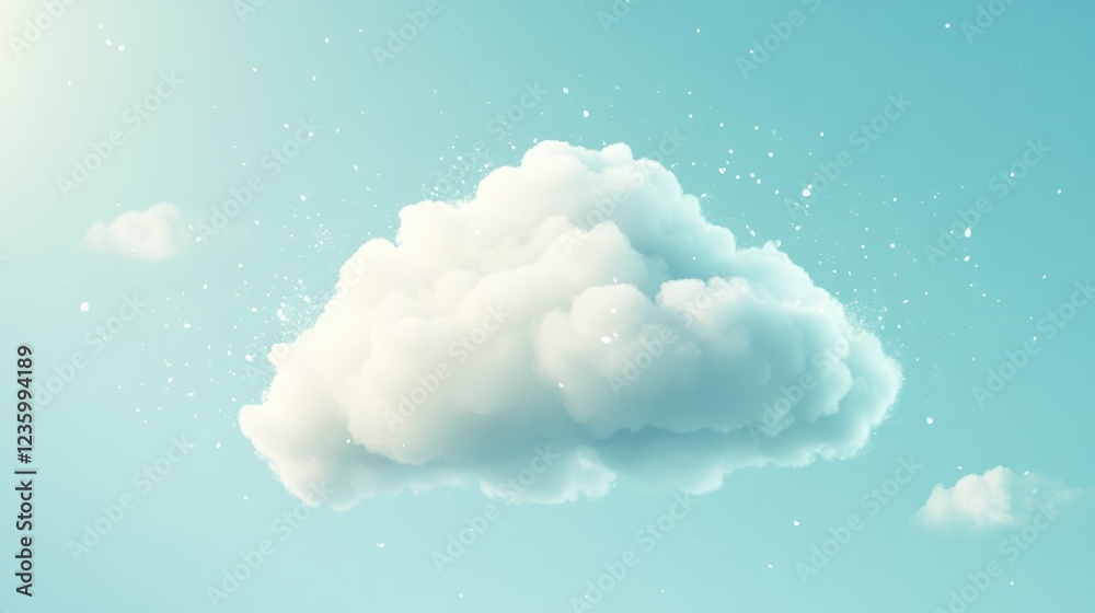 Single fluffy cloud floats in a pastel blue sky, adorned with sparkling particles. Dreamy and serene. Single fluffy cloud floats in a pastel blue sky, adorned with sparkling particles. Dreamy and serene.