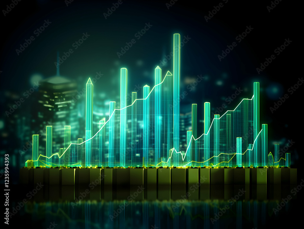 Naklejka premium Green Stock Market Graph Showing Upward Trend on a Blue Background, Representing Economic Growth and Investment Opportunities
