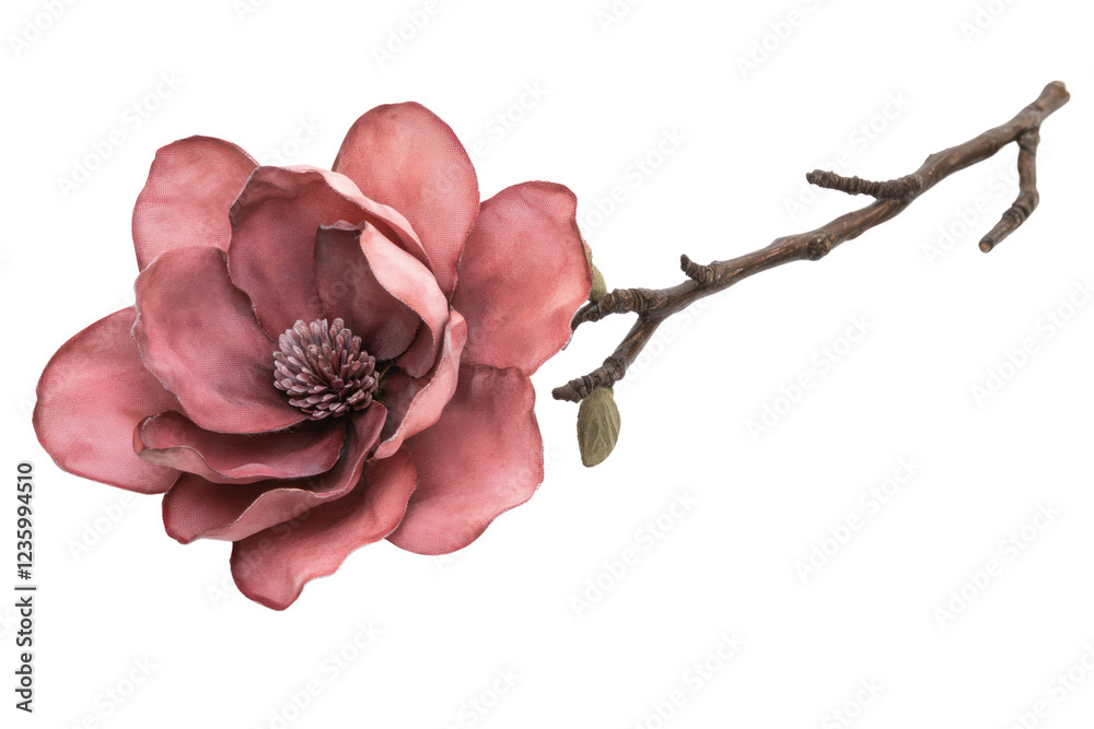 Fototapeta premium A single pink magnolia flower in full bloom, captured on a thin branch with natural texture and intricate petal details