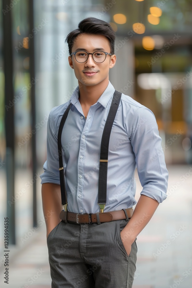 Obraz premium A Smart Asian Businessman in Casual Dress Looking at Came
