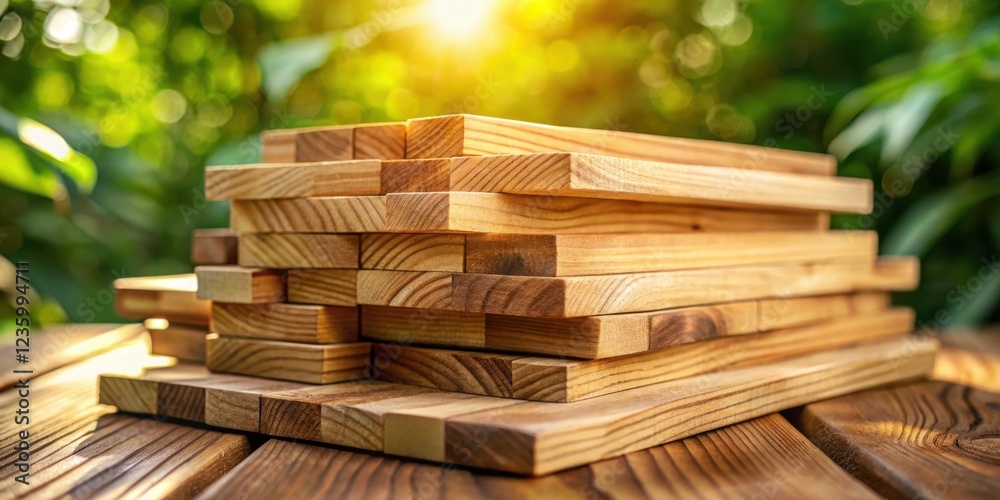A Stack of Wooden Boards in a Natural Setting with Sunlight Filtering Through the Trees A Stack of Wooden Boards in a Natural Setting with Sunlight Filtering Through the Trees