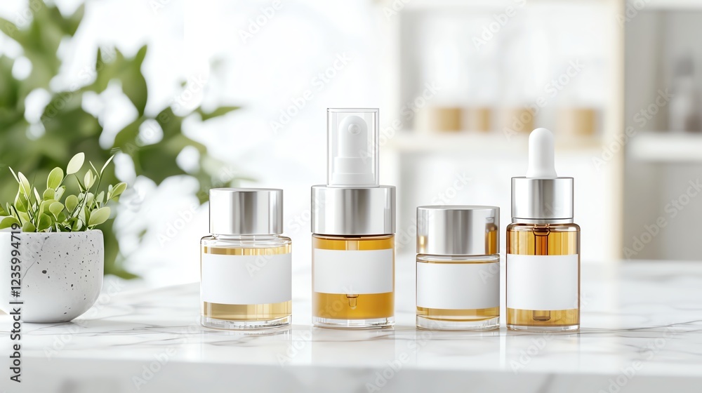 Elegant skincare bottles displayed on a marble countertop with leafy green backdrop, embodying luxury and natural beauty. Elegant skincare bottles displayed on a marble countertop with leafy green backdrop, embodying luxury and natural beauty.