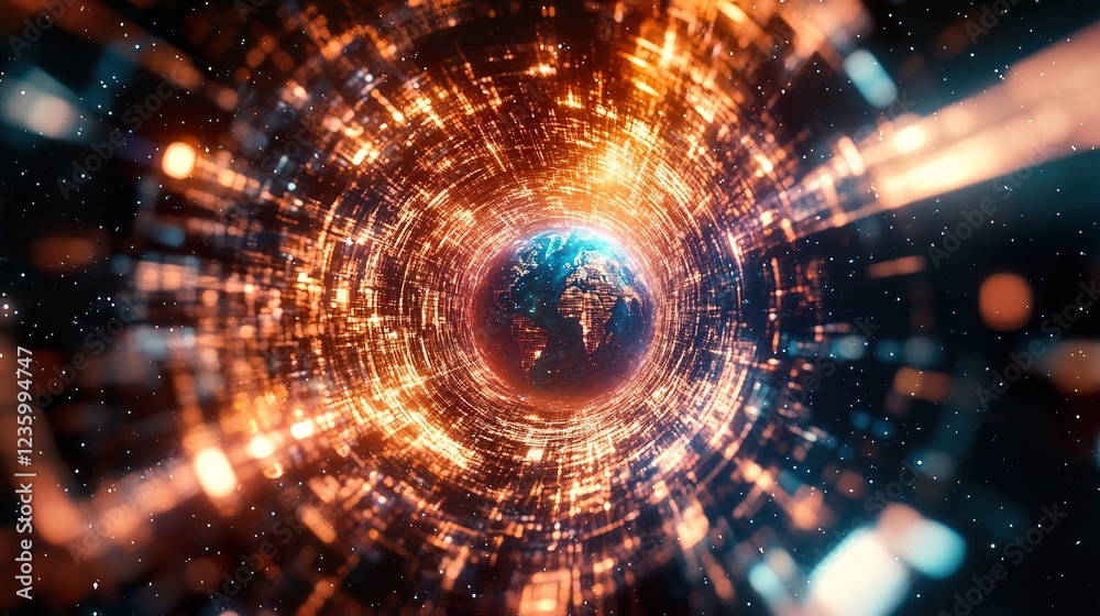 Obraz premium Futuristic Earth-centered network with glowing crypto nodes and IoT connections, symbolizing global digital connectivity.