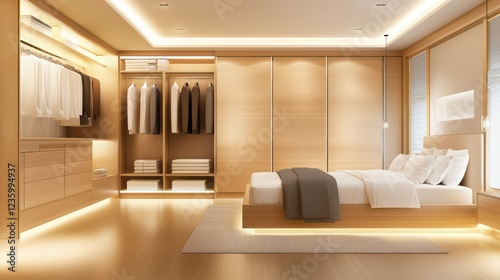 Spacious suburban apartment bedroom with neutral tones, soft lighting, and a large wardrobe