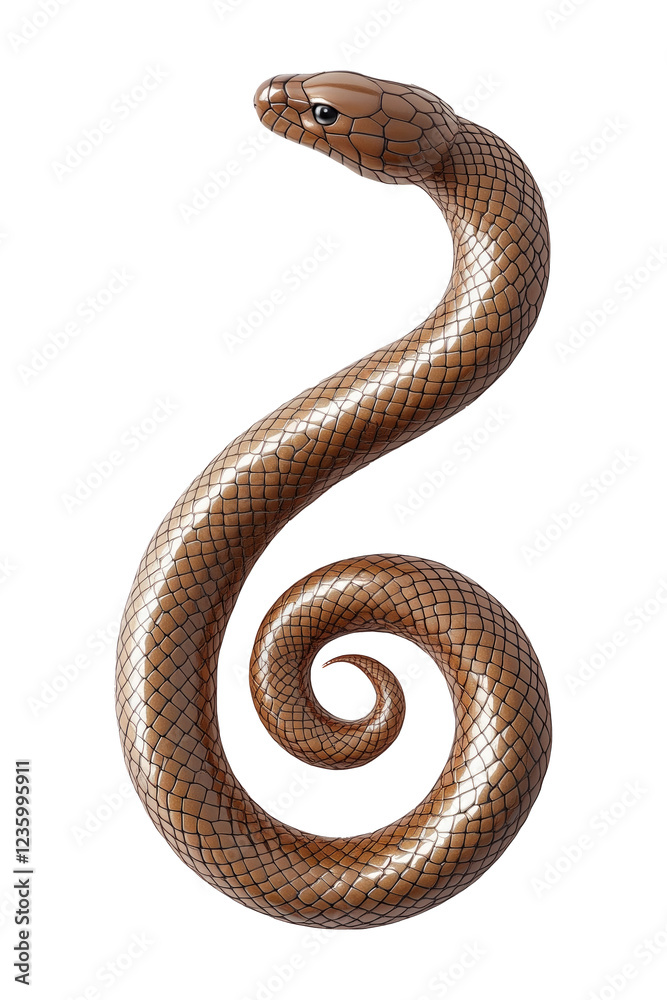 Obraz premium Glossy brown snake coiled in a spiral shape isolated on white transparent background, reptiles or wildlife, symbolizing Chinese Lunar New year