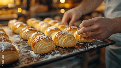 Baker arranging pastries on a baking sheet in a bakery photo