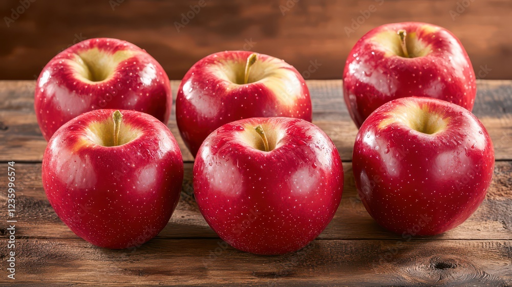 A collection of ripe red apples arranged on a rustic wooden table with natural lighting enhancing their color. A collection of ripe red apples arranged on a rustic wooden table with natural lighting enhancing their color.