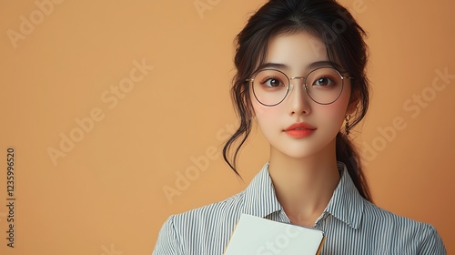 Woman with glasses and notepad, studio shot, professional look, portrait photo