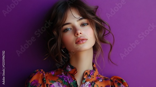 Woman in floral blouse against purple background; fashion portrait; studio shot; for fashion magazine cover photo