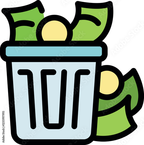 Banknotes and coins are being thrown away in a trash can, representing concepts of bankruptcy, financial loss, and waste