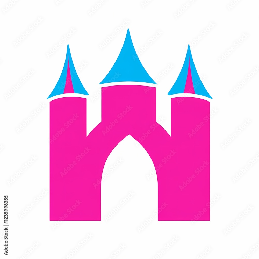 Minimalist fairytale castle icon in pink and blue. Minimalist fairytale castle icon in pink and blue.