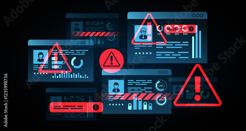 Tableau sur toile Digital warning symbols over virtual profiles on dark background