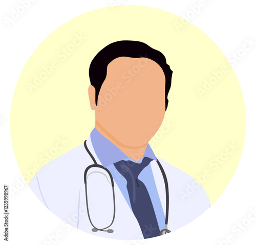 Doctor avatar icon in white coat, flat design face illustration. Senior consultant, medicine