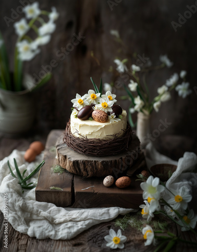 Spring cake composition on a wooden stand with daffodils photo