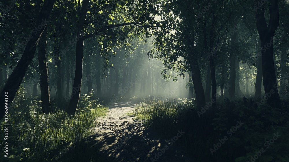Fototapeta premium Sunlit path through a tranquil forest with dense trees and morning mist, creating a serene atmosphere