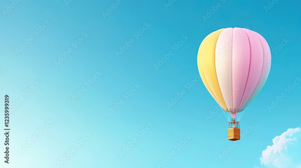 Fototapeta premium A single colorful air balloon soaring high in the sky against a clear blue background, symbolizing freedom and adventure