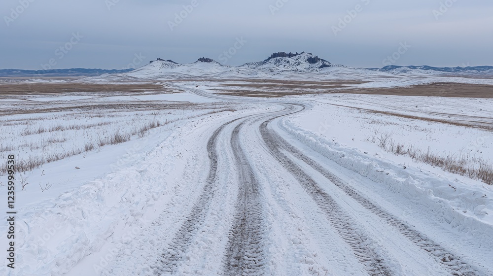 Snowy road winding through winter steppe towards hills Snowy road winding through winter steppe towards hills