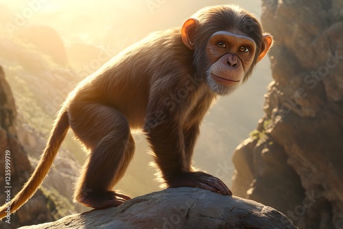 An adult monkey standing on a rock with intense sunlight highlighting its features, detailed fur, and thoughtful expression, set against a scenic mountainous background