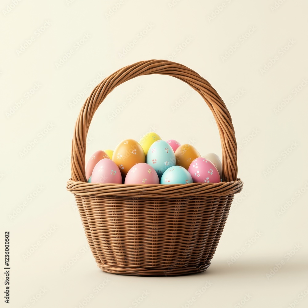 A wicker basket filled with colorful Easter eggs against a soft background, symbolizing festive traditions and spring celebrations. A wicker basket filled with colorful Easter eggs against a soft background, symbolizing festive traditions and spring celebrations.