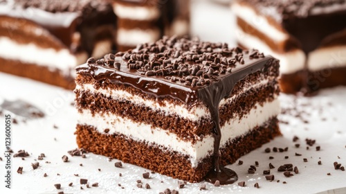 delicious chocolate cake with cream filling and chocolate shavin photo