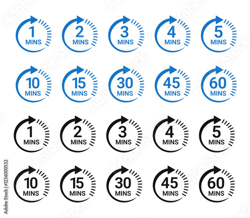 Minute timer icon collection with 1min, 2min, 3min, 4min, 5min, 10min, 15min, 30min, 45min, 60min vector logotype style in blue and black color.