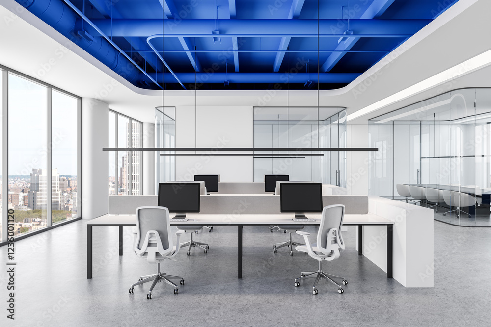 Modern office interior with open space and blue ceiling design. 3D Rendering Modern office interior with open space and blue ceiling design. 3D Rendering