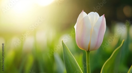 Single white-pink tulip blooming in a field at sunset, used for spring greeting cards