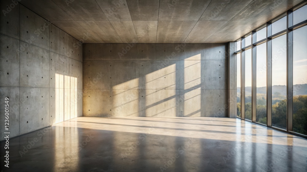 Sunlight streaming through a large window illuminates a concrete room with a panoramic view of a distant forest. Sunlight streaming through a large window illuminates a concrete room with a panoramic view of a distant forest.