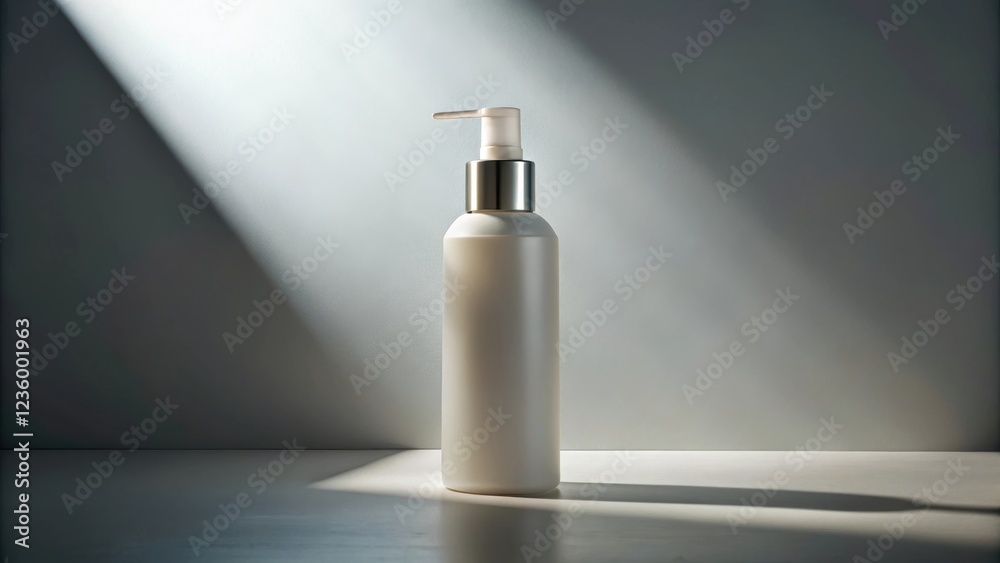 A single white bottle with a silver pump cap and a white label stands in a beam of sunlight, creating a dramatic and minimalist product display. A single white bottle with a silver pump cap and a white label stands in a beam of sunlight, creating a dramatic and minimalist product display.