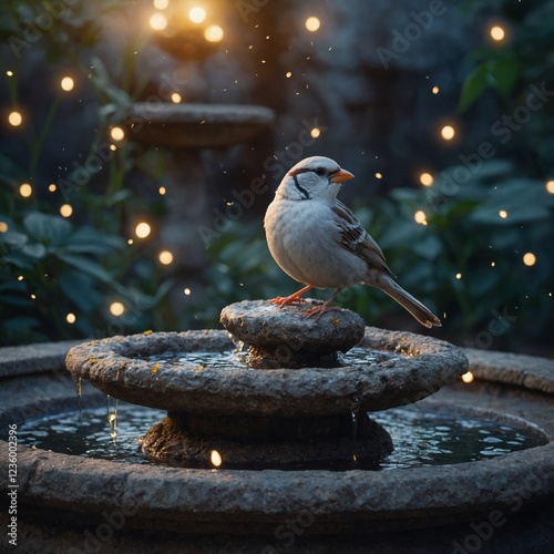 A white sparrow sitting on an ancient stone fountain in a magical garden, surrounded by glowing fireflies.