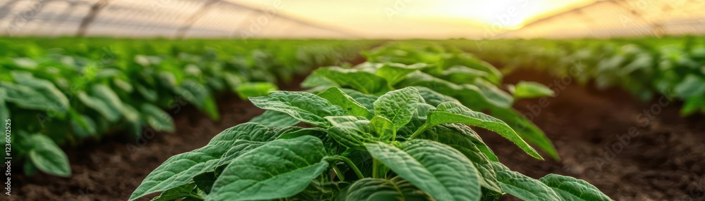 Vibrant green plants thrive in a sunlit greenhouse setting.