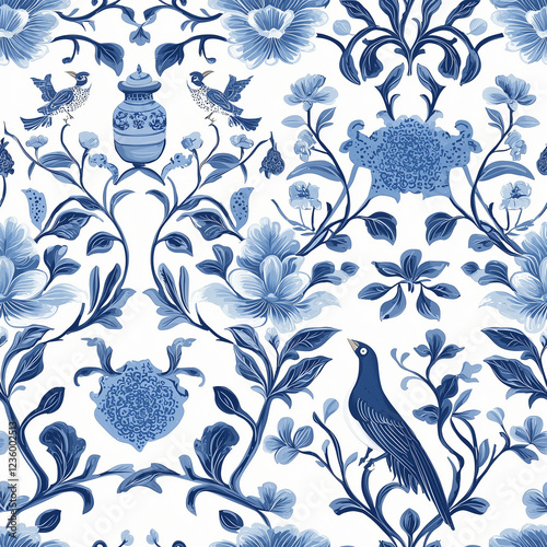 Blue floral pattern featuring birds and vases on a white background.
