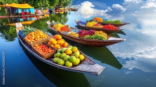 Traditional Thai floating market with vibrant boats selling tropical fruits, colorful scenery, and reflections on calm water