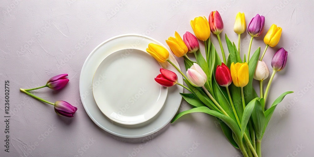 Abstract floral composition of tulip flowers arranged on a plain backdrop Abstract floral composition of tulip flowers arranged on a plain backdrop
