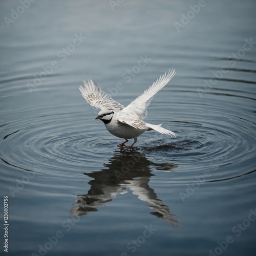 A mystical white sparrow flying over a serene lake, its reflection shimmering in the water.