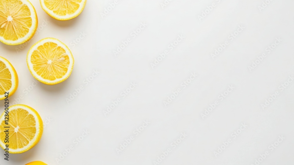 Bright yellow lemon slices on white background. Refreshing citrus fruit image. Bright yellow lemon slices on white background. Refreshing citrus fruit image.