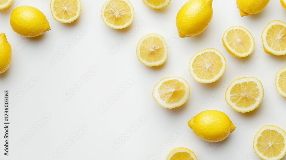 Fresh lemons, halved and whole, arranged on a white background. A vibrant, zesty image. Fresh lemons, halved and whole, arranged on a white background. A vibrant, zesty image.