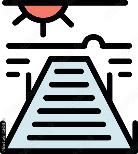 Pontoon stairs leading to a summer sunny sky over calm water, representing travel, vacation, and relaxation