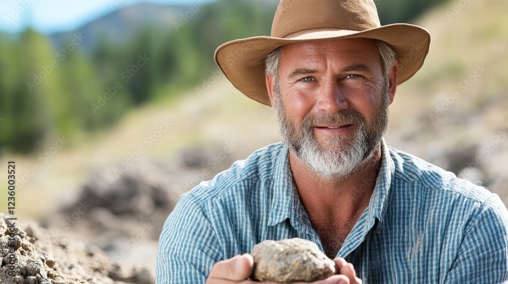 Fototapeta premium A smiling man in a hat holds a rock in a natural outdoor setting, surrounded by greenery and mountains.