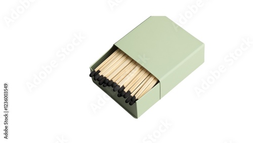 Green matchbox with wooden matches, black tips, partially open, minimalist design, no branding, isolated on white background.